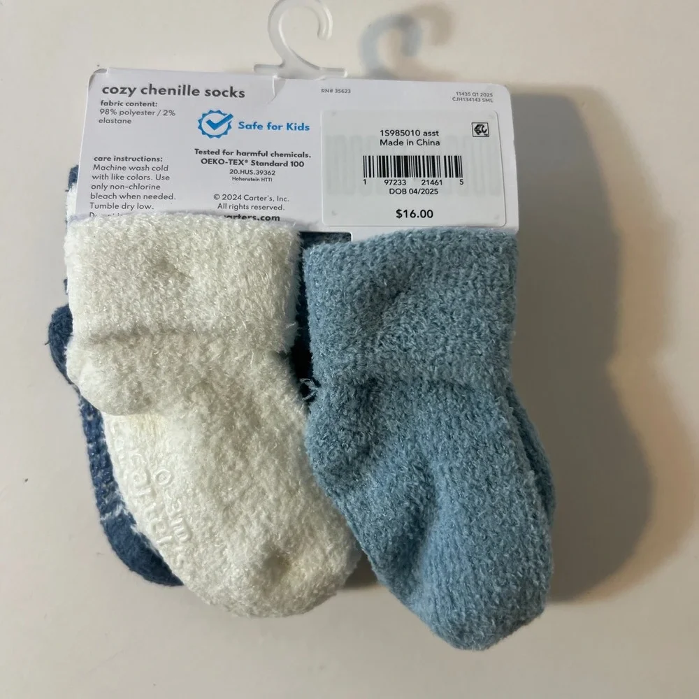Carters 4‎ Pack Cozy Chenille Socks 0 - 3 Months NIP Assorted Colors